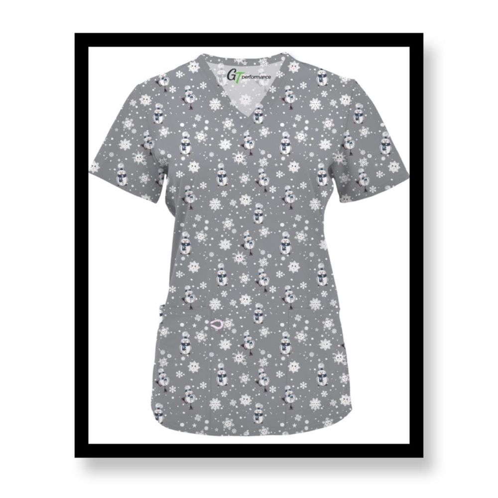 NWT Women’s GT Performance Gray Snowflake Print Women's Scrub Top